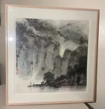 LARGE vintage 1992 original Chinese ink watercolor mountain landscape painting