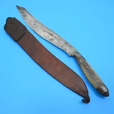 PHILIPPINE HORN HANDLED BOLO MACHETE KNIFE & TOOLED SHEATH, c. 1900-1940’S