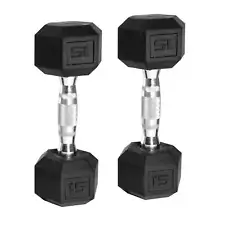 Barbell, 15lb Coated Rubber Hex Dumbbell, Pair