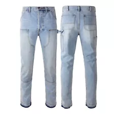 Men's Cargo-style Denim Jeans Blue Biker Workwear Casual Slim-fit Make Old Pants