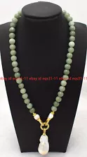 Natural A Green Jade White Keshi Baroque Pearl Pendant Necklace 16-28''