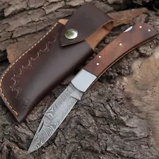 Custom Damascus Pocket Knife with Sheath Best Hunting Knife for Sale Gift Set