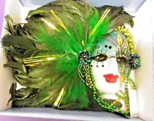 Venetian Masquerade Wall Mask Embellished w/Feathers Beads Rhinestones 10" Long