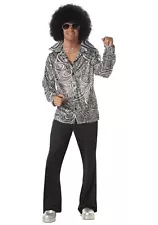 70's-80's Disco Shirt Men's Blk/Wht Swirl Print Heat Sequin Costume Shirt Lg