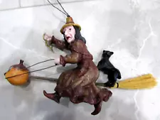 Vintage Halloween Witch Riding Broom Folk Art Style Resin