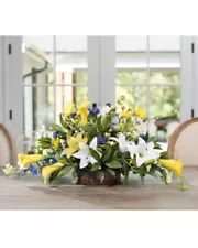 LILIES & DELPHINIUM - Silk Flower Centerpiece (16" x 32") w/ Oval Metal Planter