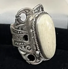 Antique Sterling Silver Poison Ring Decorated with Boon Large Adjustable size