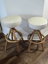 Mid Century Modern Vintage Paul Frankl Style Bamboo Rattan Tiki Bar Stools Set 2