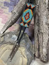 Indian style hand beaded Bolo Tie Beadwork Turquoise Red Arrow LARIAT Mens Gift