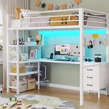 White Bed Frame Twin Size Metal Vintage Loft Bed with L-Shaped Desk Guardrail