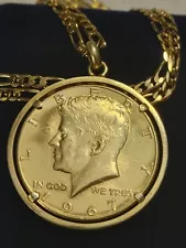 1967 Gilded Silver Kennedy 50c Dollar Pendant on a 24" 18kgf Gold Filled Chain.