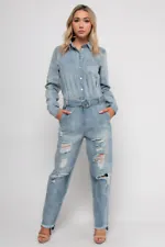 Light Blue Distressed Denim Jumpsuit Size Medium Long Sleeve