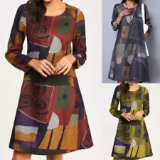 Autumn And Winter New Hot Sale Round Neck Retro Printing Long Sleeve Dress Women