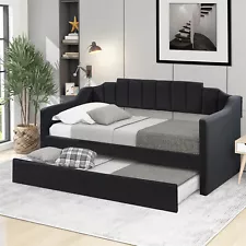 Twin Size Daybed with Pull Out Trundle Bed Upholstered Bed Frame Sofa Bed Black