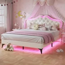 Twin/Full Queen Size Upholstered Bed Frame with LED Lights Headboard for Girls