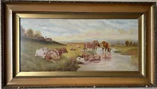 19th Century Long horned CATTLE watering in a rural LANDSCAPE Antique Oil