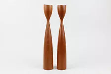 Mid Century DANISH Modern Tulip Teak Wood Candle Holders VTG Pair MCM