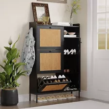 Shoe Cabinet, Hidden Rattan Shoe Storage Cabinet with 3 Flip-up Drawers for E...