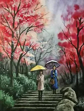 Japanese Landscape Painting Original Art Sakura Painting Watercolor Painting