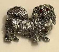 Vintage Dog Brooch Pekingese King Charles Spaniel Pomeranian Red Eyes Free Ship