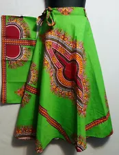 Women Wrap around Long Skirt African Dashiki Print Free Size Lime Green