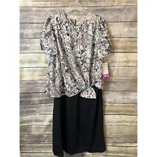 Vintage 80s Women's Plus Size Dress 22W Down Side Up Black Skirt Printed Top