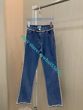 Chain pocket embroidered straight leg jeans blue SML