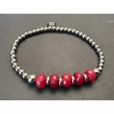 Rustic Cuff Bracelet Silver Beads and Red Faceted Rondelle Accents Stretch