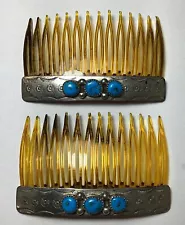 2 Vtg Native American Sterling Silver Turquoise Hair Combs 3" x 1 1/8" (23.4g)