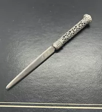 Filigree Silver (tested Unmarked) Handle Letter Opener Monogrammed Steel Blade