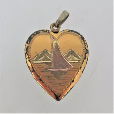 12KT Gold Filled on Sterling Tri Color Etched Sailboat in Water Design Heart Loc