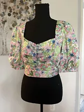 For Love & Lemons Floral Puffy Short Sleeves Crop Top Shirt Stretch Back Large