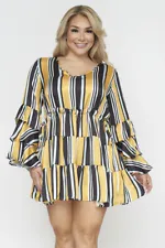 Womens Plus Size Yellow Stripe Mini Dress 3XL Long Bell Sleeve