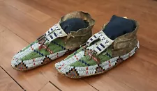 Antique Native American Beaded Lakota Moccasins c1890s Split Tongue Tin Cones