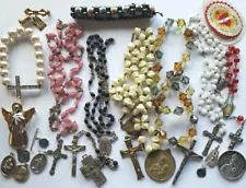 Vtg Rosary Beads Lot Repair Parts Pink Wht Glass Wood Plastic Medals Crucifix