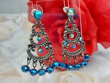 Awesome Gun Metal Dangle Earrings Floating Blue Bead Pendants Pierce Post 2"