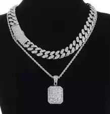 Silver plated Icy Dog Tag Pendant & Iced Cubic Zirconia Cuban Chain Icy Necklace