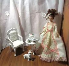 DOLLHOUSE CHARMING SHABBY CHIC LADIES CORNER, CHAIR, TABLE, TEA SET, DOG