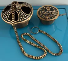 VINTAGE HEAVY BRASS CATHOLIC CHURCH ALTAR CENSER THURIBLE & INCENSE BOAT SET