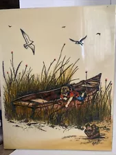 VINTAGE ETCHING BY CARLOS RIOS Unframed Art Boy Fishing Over His Boat