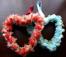 Two Home Decor Valentine's Day Heart WREATHS w/ Flowers, Muted Red, Pale Blue