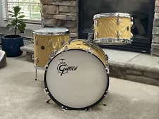 Vintage Jazz Gretsch Round Badge Gold Satin Flame Drum Set Kit 20,14,12” *RARE*