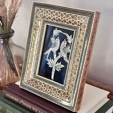 Vintage Persian Khatam Marquetry Frame Etched Copper & Silver Birds Floral | Art