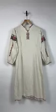 VINTAGE Ukrainian linen/hemp long sleeve shift dress + ethnic print M 34" Bust