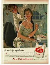 1956 Philip Morris Cigarettes man woman ready for night out art Vintage Print Ad