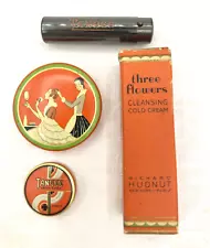 VTG ArtDeco Three Flowers Richard Hudnut Powder Tin, Tangee Rouge, Lipstick Tube