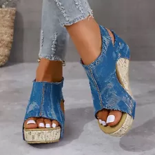 Women's Summer Fashion Fish Mouth Denim Slope Heel Sandals Casual Comfortable