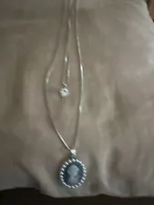 What A Beautiful Embossed Double Cameo With Crystal Double Necklace 24” Long