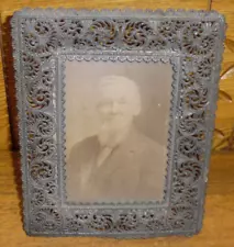 Ornate Antique Tin Picture Frame w/ Photo Of Old Man - 8 3/8" x 6 3/4"