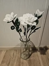 NEW 3 handmade French beaded Flowers rose Large medium small White roses